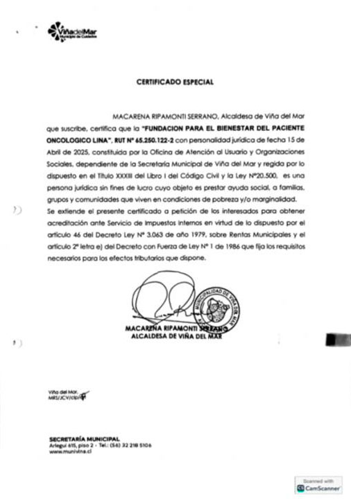 Certificado Especial Fundacion Lina